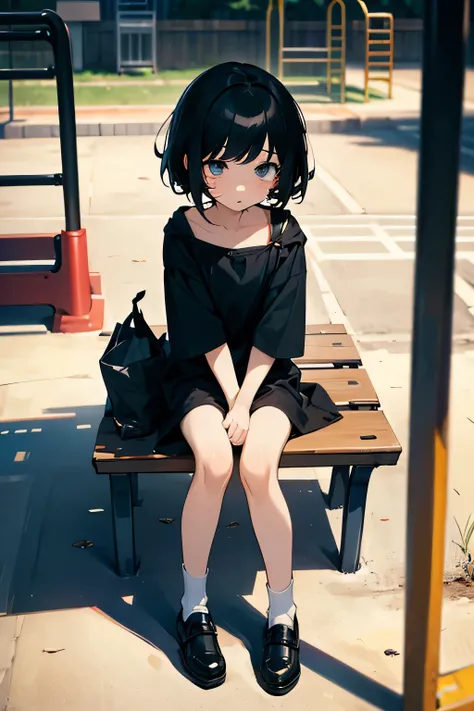 (masterpiece), best quality, expressive eyes, perfect face, 1girl, kid, (sit alone at the bench), (playground), A garbage bag at the foot, short black hair, wound, sad, disheveled clothes, eyes looking far away