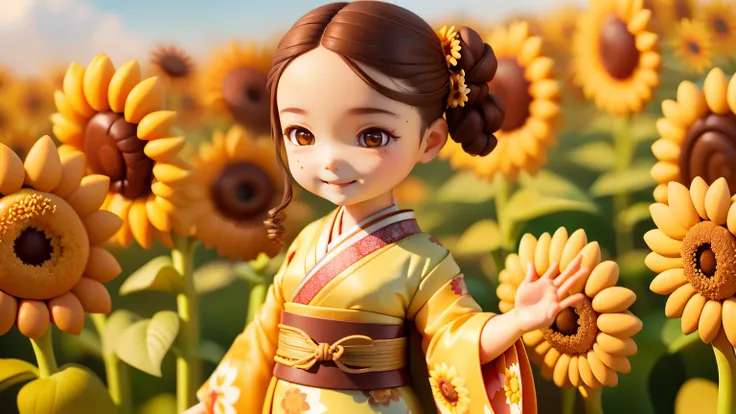 (highest quality),(super detailed), (whole body: 1.2),female１people,Little,cute,looking at the camera、(sunflower field), ((kimono））、(brown hair、hair tied up),smile、(eat natto）