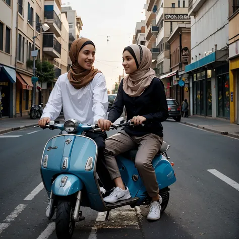 caricature of a boy wearing a shirt and a girl wearing a hijab. riding a Vespa, on a city street, realistic