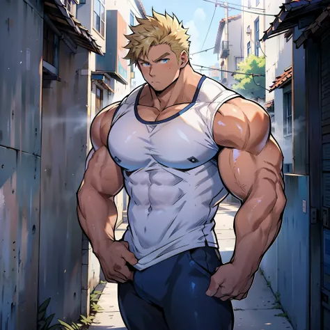 ((anime style art)), extremely muscular masculine character, pale skin, blonde hair, sapphire blue eyes, bodybuilder body, weari...