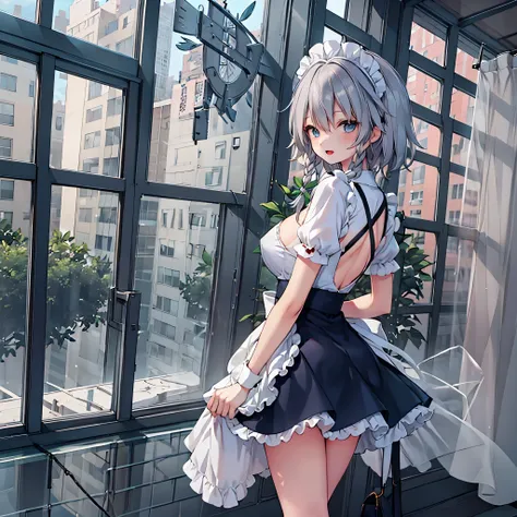 (solo Sakuya toho character standing at front of large glass windows), skinny, (open long legs wide:1.3), BREAK, (large perky breasts), (emphasize cleavage), (inconceivably thin narrow waist:1.3), short torso, thin long legs apart, arms behind back, arched...