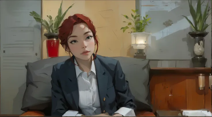 red hair lady sitting 