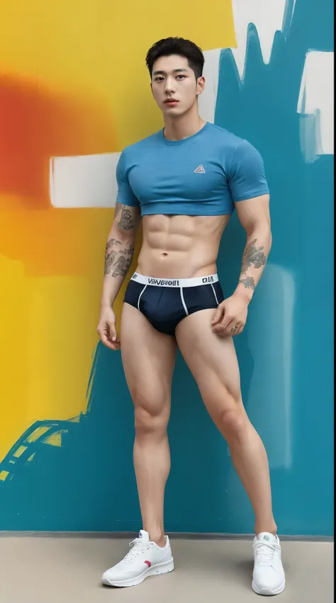 A high-definition, 8K, hyperrealistic portrait of a handsome Korean man with tattoos, facial hair, detailed face,well-defined muscles, exquisite facial features, fully but wearing underwear and sneakers. The background is filled with vibrant and colorful t...