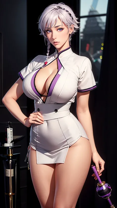 （（（完美figure，figure，Nurse，Nurse装，Nurse服装，（（（isane kotetsu, short hair, braid, white hair, (purple eyes:1.1), hair braid, ））），（（（wide hips））），S型figure:1.7））），((masterpiece)),high resolution, ((Best quality at best))，masterpiece，quality，Best quality，（（（ Exqui...