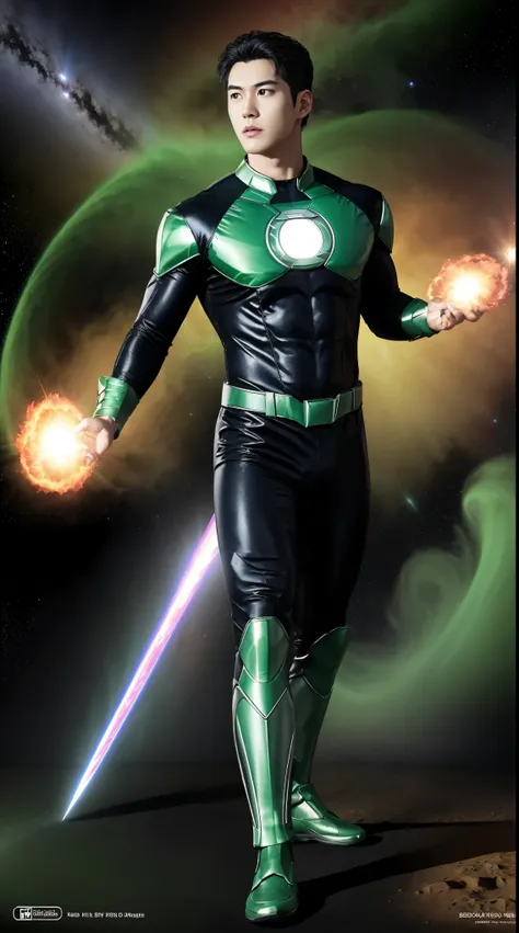 create picture a the green ring of  green lantern outfit projected a holographic image of a giant hammer attacking. a handsome k...