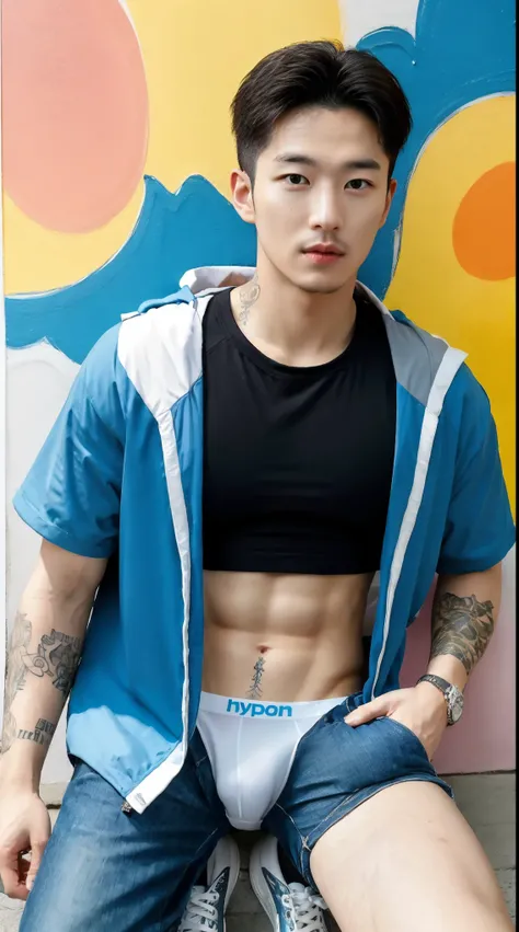 A high-definition, 8K, hyperrealistic portrait of a handsome Korean man with tattoos, facial hair, detailed face,well-defined muscles, exquisite facial features, fully but wearing underwear and sneakers. The background is filled with vibrant and colorful t...