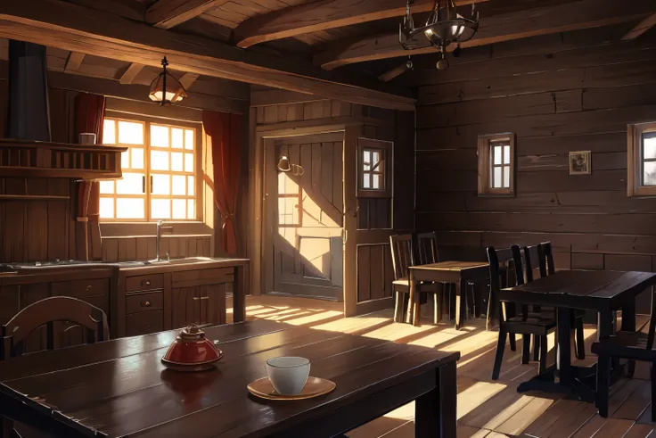 tavern, fantasies, no people, деревянная fantasies таверна, Wooden walls, Spacious room, many wooden tables, gloomy, poor, sadly