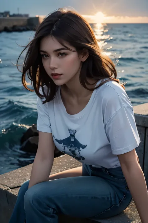 Upper body close-up image.A beautiful woman. A woman sits on the breakwater and looks out at the sea. Twenties. Dark brown hair. Surrounded by the light of dusk.The season is summer.Wearing a T-shirt and blue jeans.
