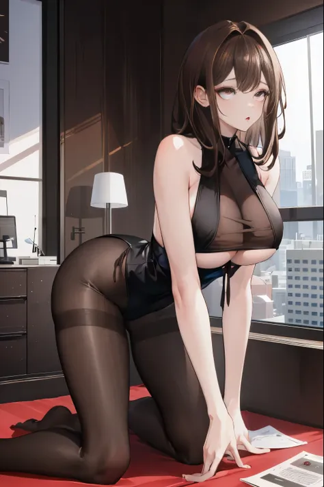 ((best quality, 8k, masterpiece :1.3)), whole body, sharp focus :1.2, beautiful woman，Perfect body :1.4, Slim abs :1.2, ((dark brown hair, big breasts :1.9)), tights :1.1, (city night view, modern balcony :1.1), Highly detailed facial and skin textures, de...