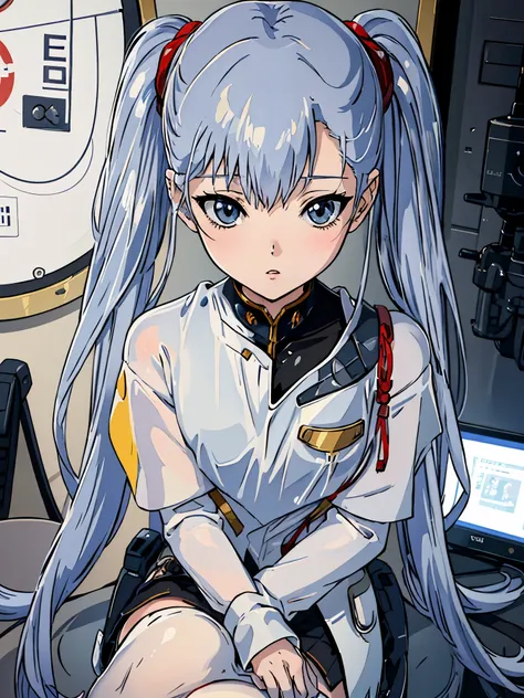 anime girl sitting on a chair in a room with a clock, cyborg - silver-haired girl, portrait anime space cadet girl, kantai colle...