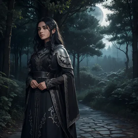 Elara es una mujer de cabello negro y ojos profundos, with a look that reflects the same darkness that lives in the hearts of wolves. He wears a dark tunic adorned with silver embroidery that evokes forest vines.. Lleva botas robustas de cuero y un collar ...