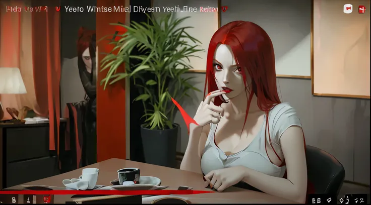 red-haired woman, red eyes, 30 years old, makes gestures with an evil, mischievous and sensual look