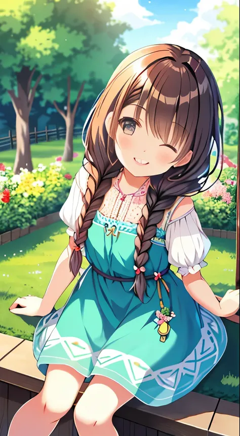 braided hair,smile,Muneaki mini dress,garden