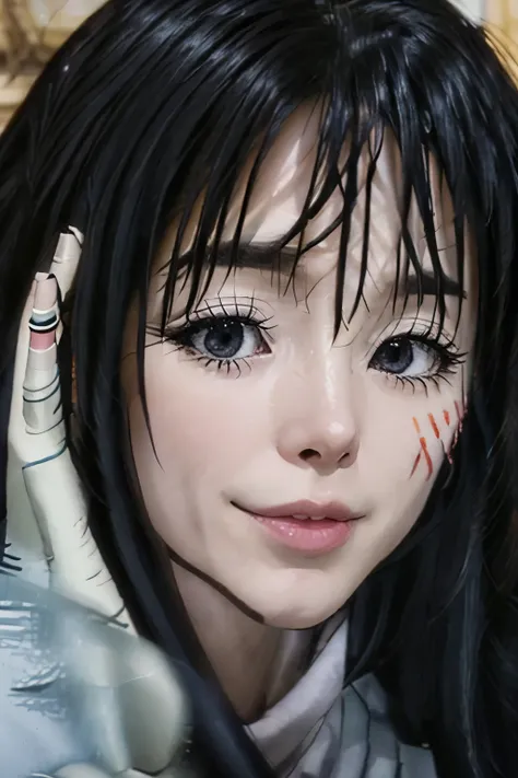 Shizue, Shizue Attire, white shirt, white cape, black pants, long hair, black hair, dark blue eyes, white gloves,Shizue Attire,photorealistic,detailed, blurred background, detailed face, detailed eyes, detailed hair , perfcet loking , beautiful, absolute h...