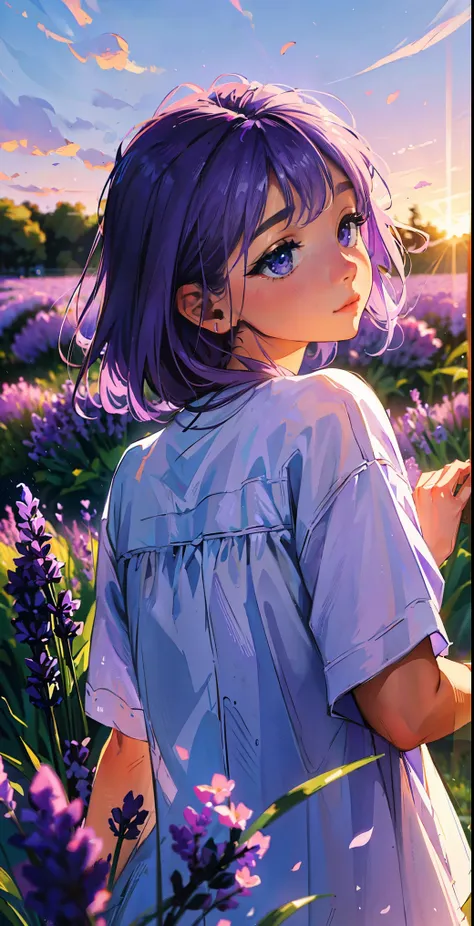 ((Best Quality, 8K, Masterpiece: 1.3)), lavender flowers are in a field with a sunset in the background, lavender flowers, lavender, lavender plants, soft purple glow, lavender blush, lilac sunrays, soft flowers, purple flowers, soft lilac skies, violet co...