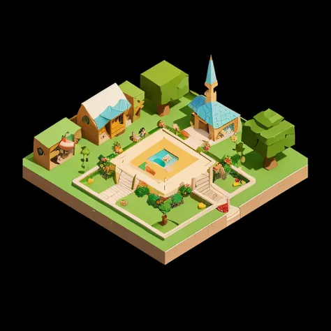 Fairy decorations isometric cartoon style dans se décor on voit un petit village bitoresque 