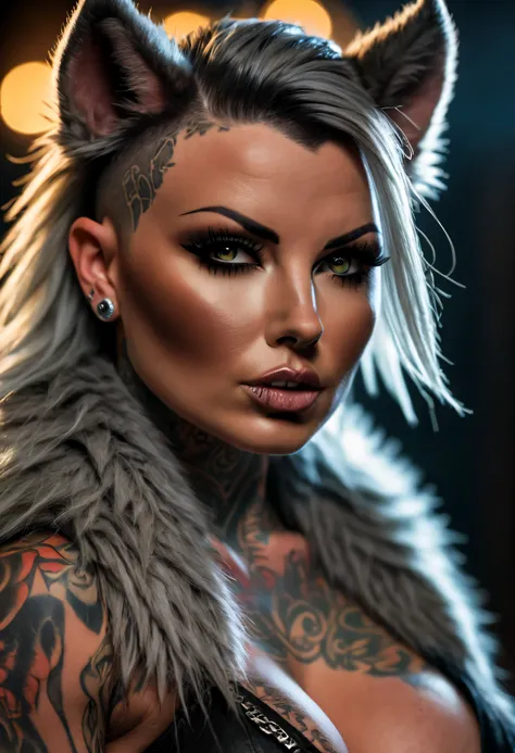 4k highly detailed realistic digital extremely high quality RAW photograph, (a portrait photo of Christy Mack as a fantasy werewolf), (beautiful and detailed eyes: 1.1), furry, anthro, busty, bimbo, seductive, sexy, large breasts, epic, hyperrealistic, hyp...