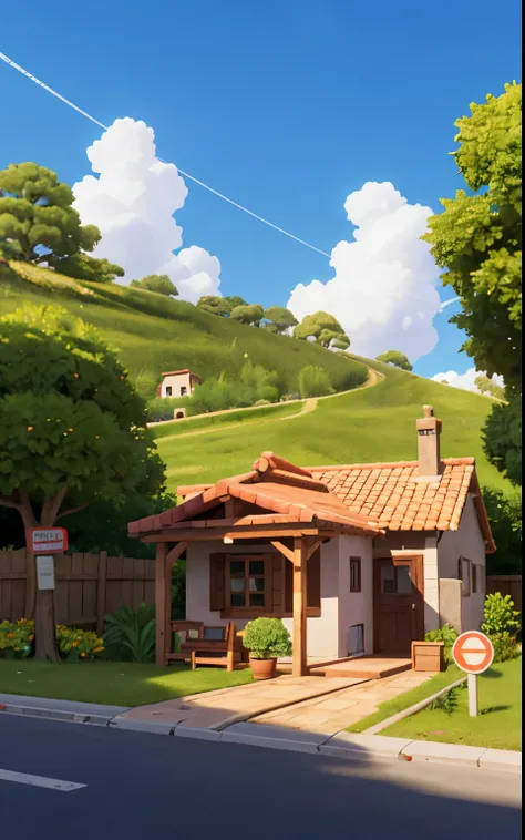 (Paisagem urabana casa estilo romantica), (isometric:1), estilo de desenho animado, (Estilo de jogo sandbox), (fundo branco), (Detalhes excelentes), trem, Lighting, clear sky, ao ar livre, paisagens, nuvens, Sky, sinais, estradas, Grama, rosas espalgada pe...