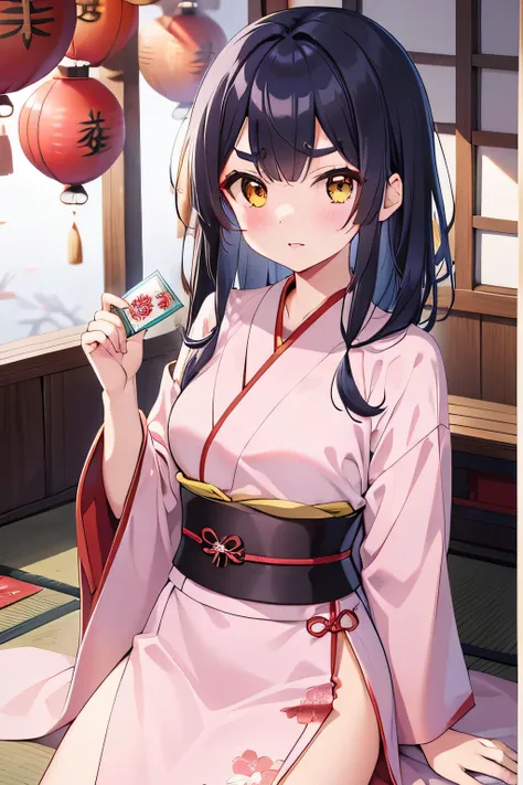 Nengajo: The Japanese New Years Card,謹賀新年,元旦, ,shimabara yuuhi,lips gloss,blue black hair,short disheveled bangs,jagged cowlick,long locks,medium hair,thick eyebrows,sharp yellow eyes