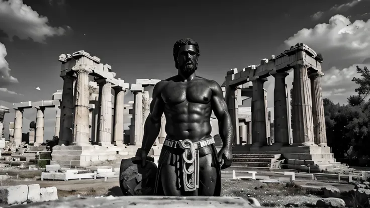 A dark landscape image of an ancient greek society deeply connected to stoicism, black and white, ancient greek architecture, include one single big statue of a stereotypical strong greek man, marcus aurelius and make him standing 