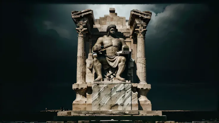 A dark landscape image of an ancient greek society deeply connected to stoicism, black and white, ancient greek architecture, include one single big statue of a stereotypical strong greek man, marcus aurelius and make him reading a book