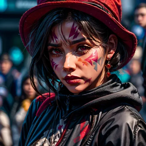 woman with red painted face and grey hat with a red face, photo from a spectator, human face with bright red yes, indigenous, ( greg rutkowski ), red lipstick on face, highlight, markings on her face, warrior face painting red, haida, red birthmark, manife...