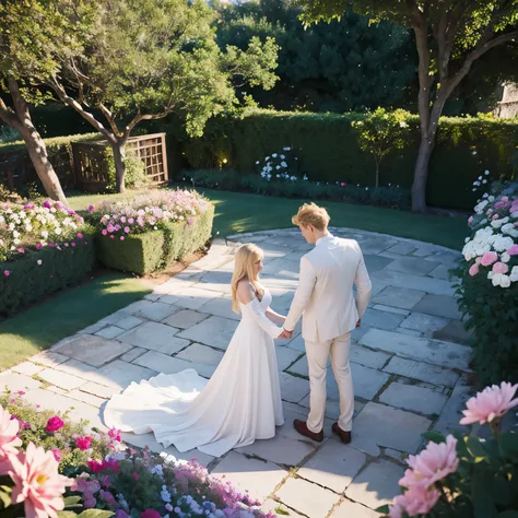 Casal apaixonado, blondes, without showing faces, white clothes, beautiful garden, romantic atmosphere,soft lighting,lovely flowers,impression