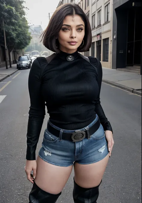 50yo mature MILF Aishwarya Rai as MILF police, denim tight shorts, black cotton SHIRT, ((knee high boots)), ((bob cut hair)), bright sunny day scene, mature athletic curvaceous milf body, ((seductive pose in streets)), hourglass milf figure, perfect breast...