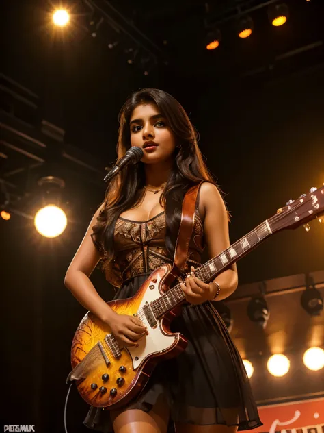 20 year old Tamil girl, sleek chick, (brown eyes, glossy lips, fluffy cheeks, glowing skin), eyes symmetry, face symmetry, (wearing:1.6 sleeveless blouse, petticoat), full body shot from bottom, playing guitar on the stage, rich colors, vibrant colors, int...