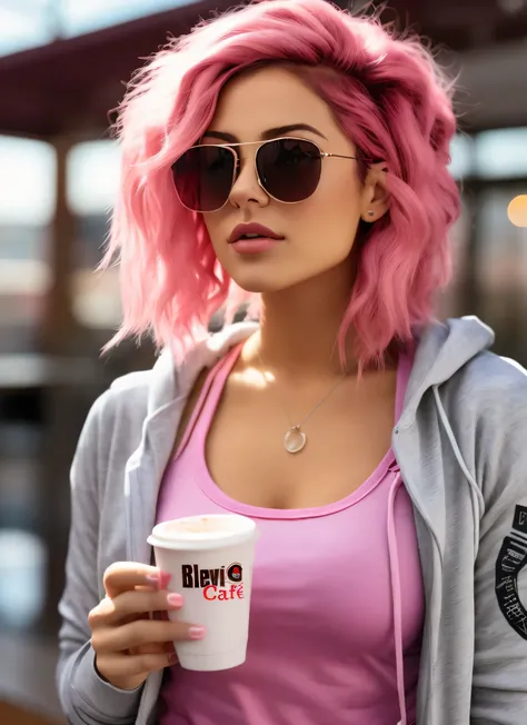 araffe with cabelo rosa and sunglasses holding a cup of coffee, garota misteriosa da cafeteria, cute girl with short cabelo rosa,  rosa, with cabelo rosa, vestindo um moletom rosa pastel, vestindo um moletom rosa, flowing cabelo rosa, Cabelo chiclete, shor...