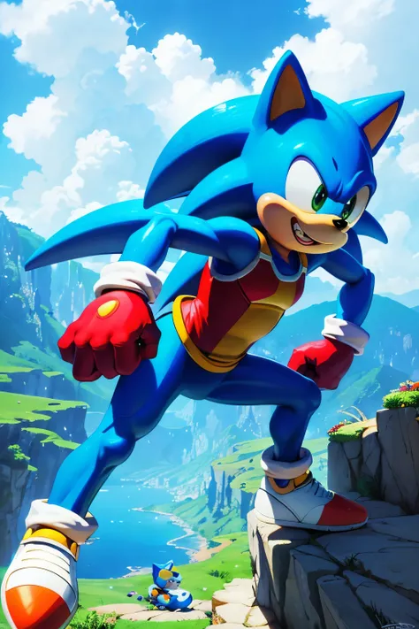 Sonic the Hedgehog, iconic mascot character, pose striking and bold in T pose,
(Game industry: 1.0),(Cartoon animation: 1.5),
(Blue hedgehog with spiky hair),(Sonic shoes with red laces),
(Background: Green hillside terrain),(Dynamic and lively atmosphere)...