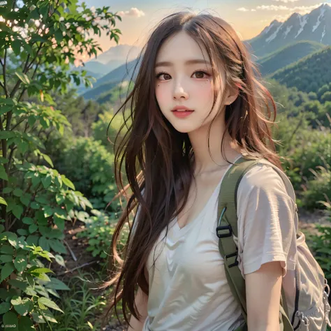 (nature photography), (best quality), masterpiece:1.2, ultra high resolution, lifelike:1.4, original photo, (majestic mountain peak, sea of clouds), (on a very high mountain), (Sunset), (Wide-angle lens), (Show cleavage:0.8),
(1 girl), (Photos from the kn...