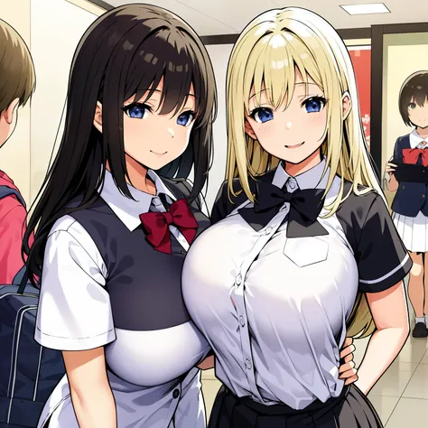 2 girls，middle school girl，white student uniform，huge breasts，smile，be red in the face