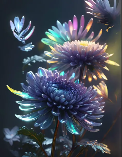 A magnificent translucent chrysanthemums flower with irisdecent colors. Glassy effect.