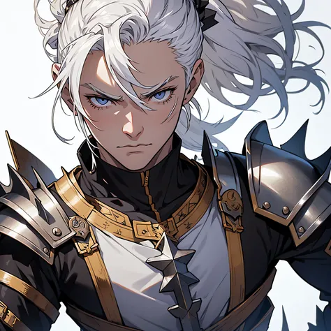 medieval anime art, masterpiece, best quality, only one person, male, solo, upper body portrait, detailed composition, detailed eyes, white background, spiky white hair, black eyes, ponytail, wearing heavy armor, serious face