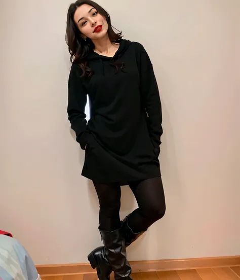 Theres a woman standing in a room with a bed and a wall, wearing roupas pretas, vestindo preto boots, completely roupas pretas, roupas pretas, vestido todo de preto, wearing modern roupas pretas, wearing roupas pretas, vestindo preto, wearing a vestido pre...