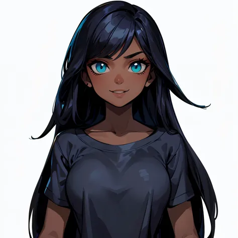 masterpiece), best quality, expressive eyes , Perfect face, woman, brown skin, dark skin, cyan eyes, long hair, straight hair, black hair, league of legends style, white background, smile, straight pose, normal pose, from the front, White background 