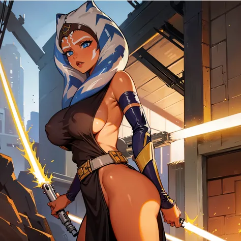 Ashoka tano sexy with covered gigantic massive breast large pointy nips, welding two lightsaber