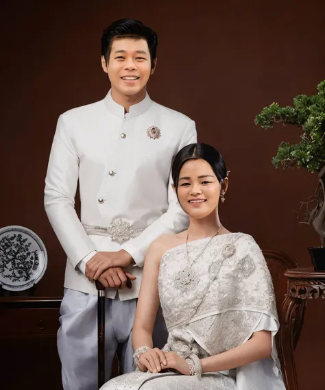 A young female couple wearing Thai costumes gets married. 