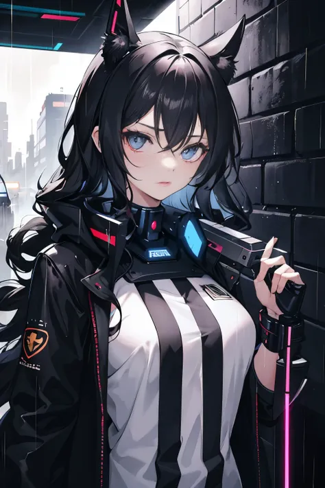 1 girl,25 years old，Tech Eye Mask，Cybermetropolis,rain,alley，Long curly hair（black），shirt（black），Laser knife，against the wall，One-handed knife，close-up，