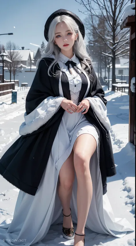 Photorealistic, high resolution, 1 Women, Solo, (Lolita costume)，Gorgeous costumes，Face the audience，The upper part of the body，upper legs， beautidful eyes, White hair, ringed eyes, (outside，Heavy snowfall，Cloak，Cover with snow)，snowfield