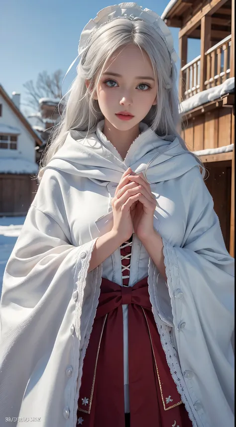 Photorealistic, high resolution, 1 Women, Solo, (Lolita costume)，Gorgeous costumes，Face the audience，The upper part of the body，upper legs， beautidful eyes, White hair, ringed eyes, (outside，Heavy snowfall，Cloak，Cover with snow)，snowfield