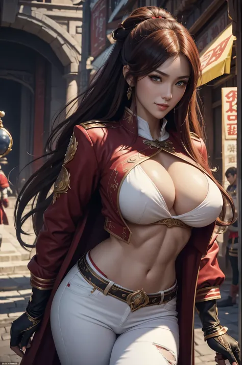 8k,Goddess close-up, gorgeous big breast costume, Sexy超美人(like the real thing)goddess of war,slender body,muscular woman,smile,kind eyes,beautiful long red hair,strongly cracked abdominal muscles,Sexy,highly detailed art germ, Alexandra Fomina Art Station,...