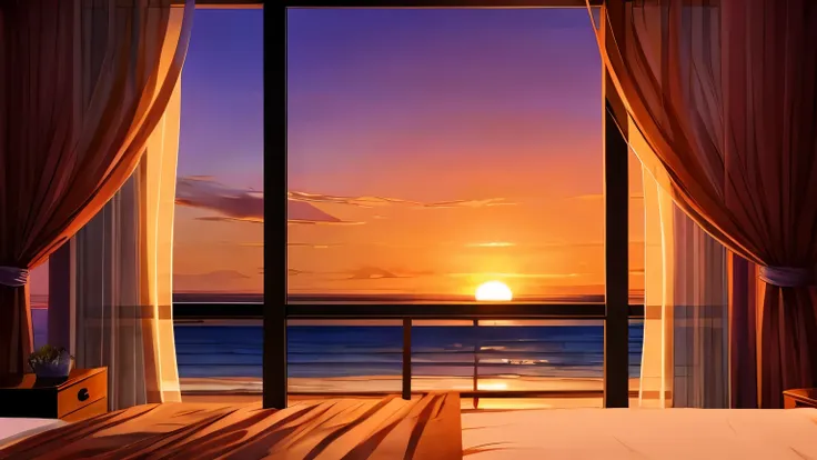 room, room, bed with curtains, window, window with sea view, sunrise, beautiful sunrise