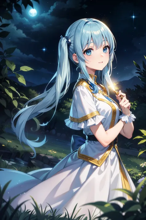 ((super detailed)), ((Best Illustration)), ((movie lighting)), dynamic angle, floating, Are you okay, (flash: 1.2), (shine: 1.2), (shine: 1.2), "(highest quality), Super detailed depiction of a beautiful girl, light blue long hair、twin tails、 amazing backg...