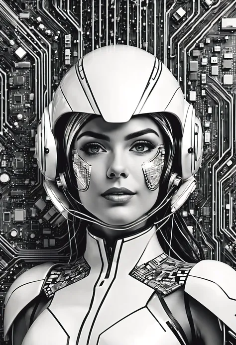 black and white image, black lines, white background, a woman with a futuristic helmet and a beautiful and friendly futuristic face, harmoniously integrated with computer chip and electrical wires, ((mosaic)) spaceship controls background.