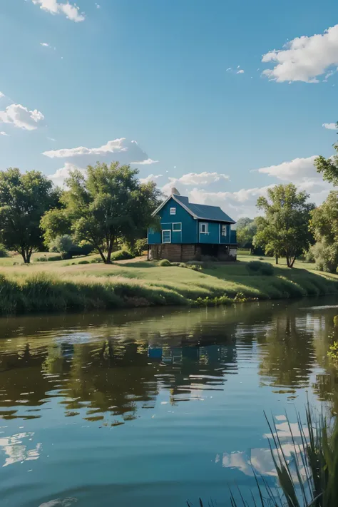 painting house on river with blue sky and green grass in canvas like picture