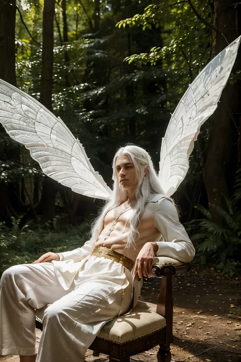 A man sitting on a throne in a forest, wearing white fairy wings and having white hair. The man has a regal and powerful appearance. The throne is made of carved wood and decorated with intricate details. The forest is lush and vibrant, with tall trees and...