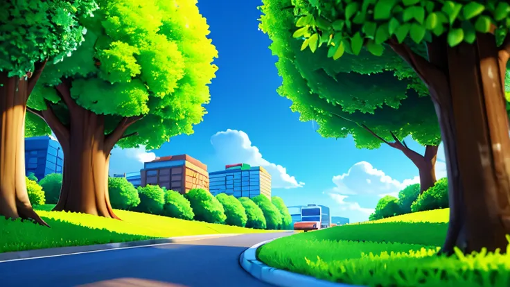 3d animation style free vector city scene with landscape building blue sky and green trees road line illuminated sun