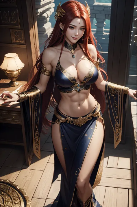 8k,Goddess close-up, gorgeous big breast dress, Sexy超美人(like the real thing)goddess of war,slender body,muscular woman,smile,kind eyes,beautiful long red hair,strongly cracked abdominal muscles,Sexy,highly detailed art germ, Alexandra Fomina Art Station, 2...